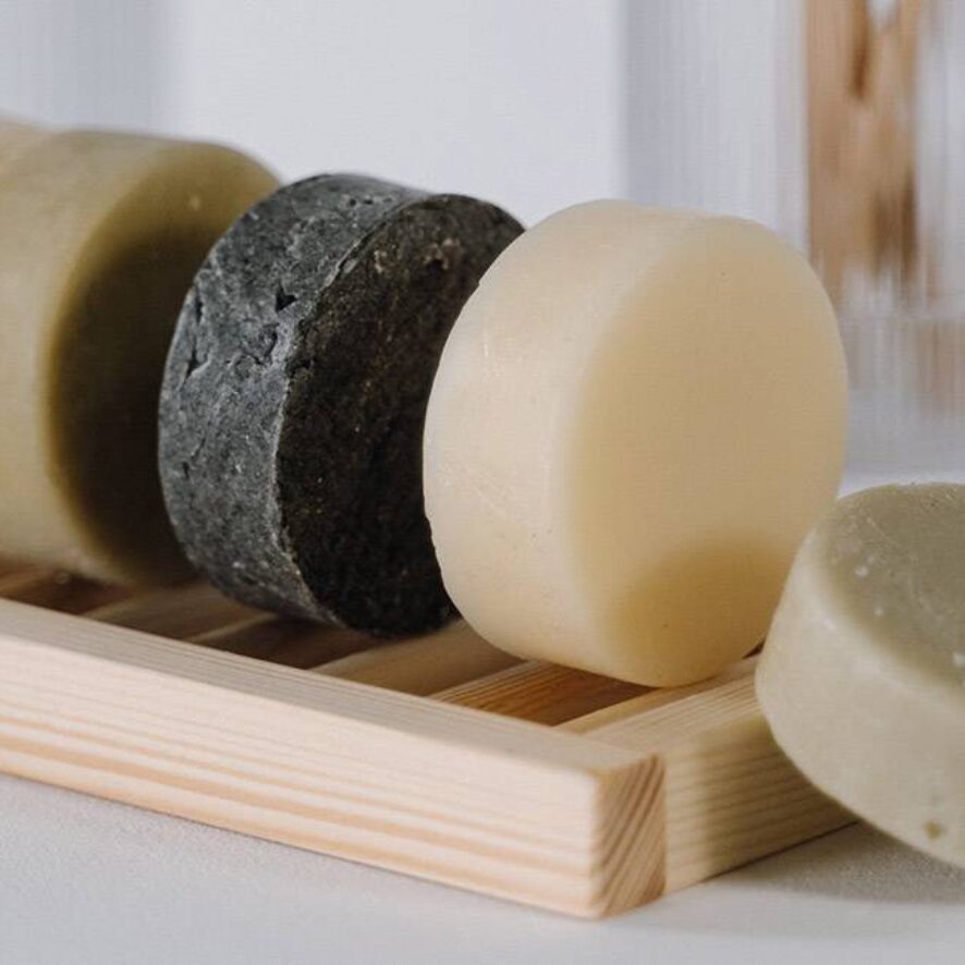 Assorted handmade soaps on display.
