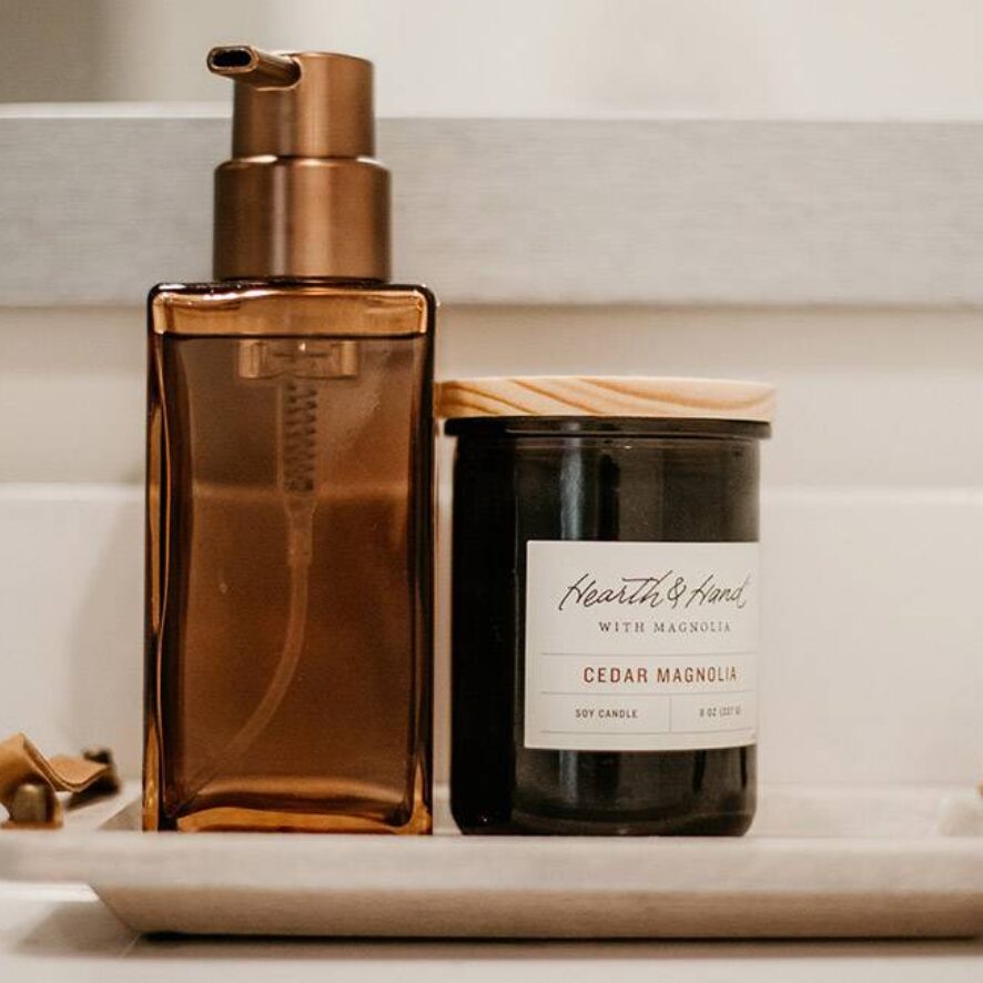 Elegant bathroom accessories on tray