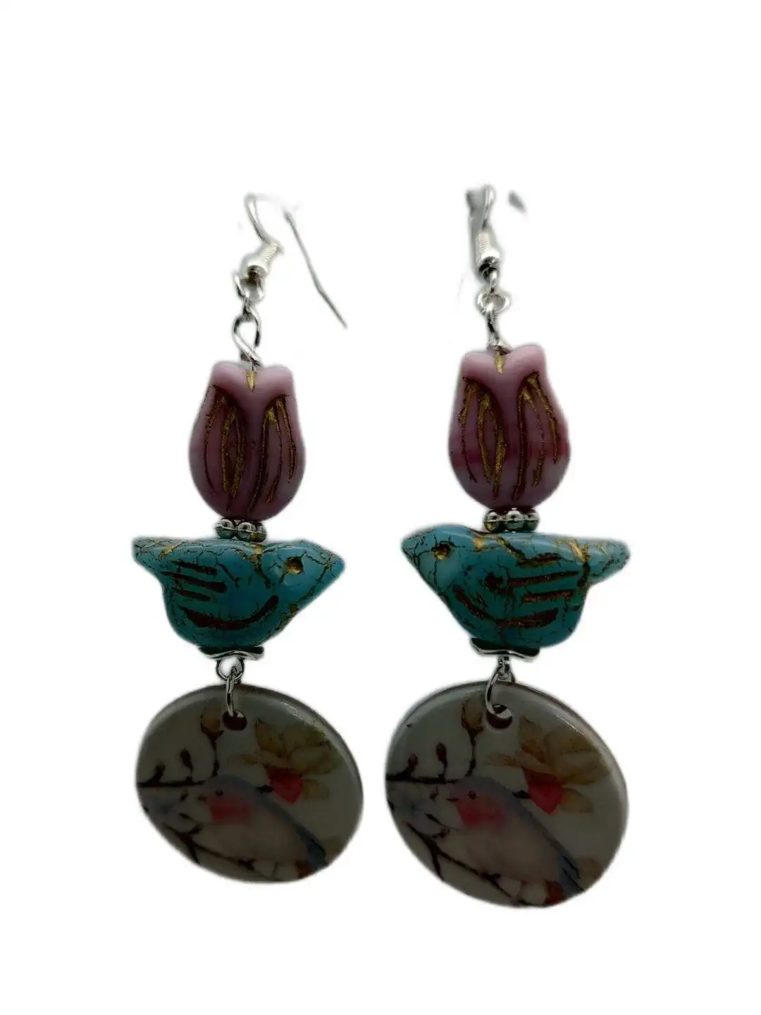 Pink Tulip Blue Bird Coin Dangling Earrings