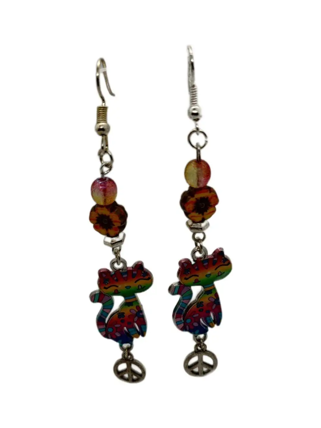 Hippie Kitty Dangling Earrings (Rainbow)