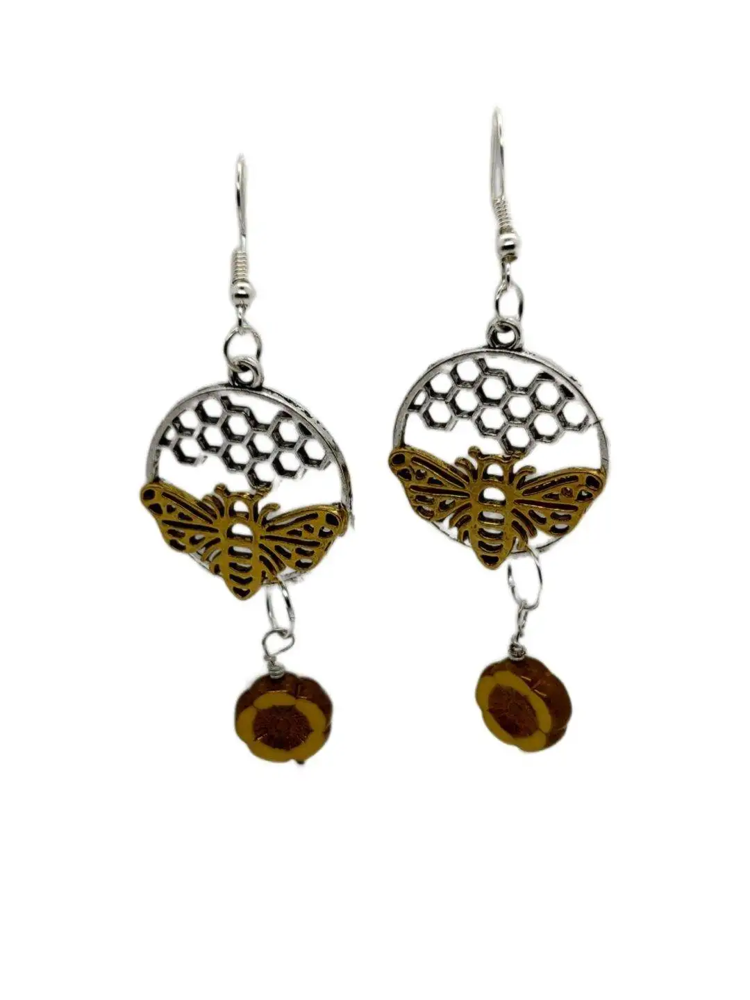 Antique Tibetan Silver Gold Bee Honeybee Dangling Earrings