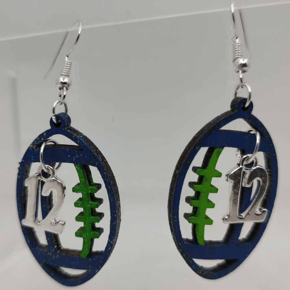 Seattle Seahawks, Dainty Blue & Green Wood Football Earrings