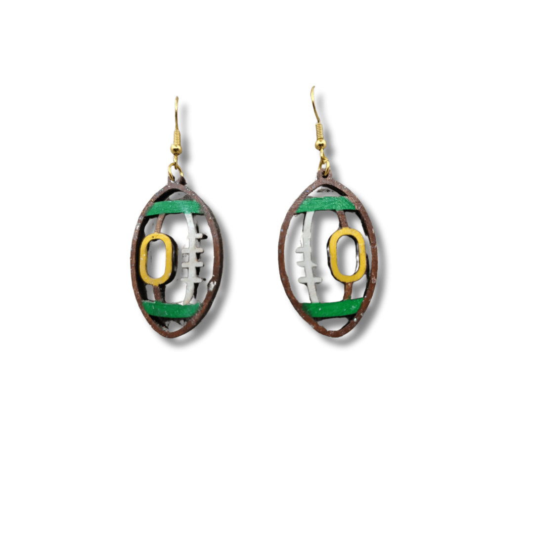 Dainty Green & Yellow Wood Football Earrings