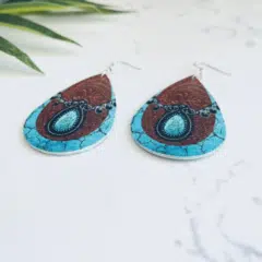 Turquoise Western 2D Flat Faux Leather Drop Earrings - Image 3