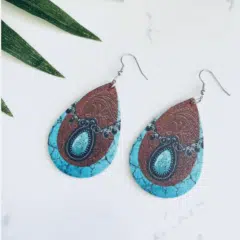 Turquoise Western 2D Flat Faux Leather Drop Earrings - Image 4