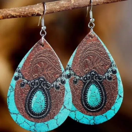 Turquoise Western 2D Flat Faux Leather Drop Earrings